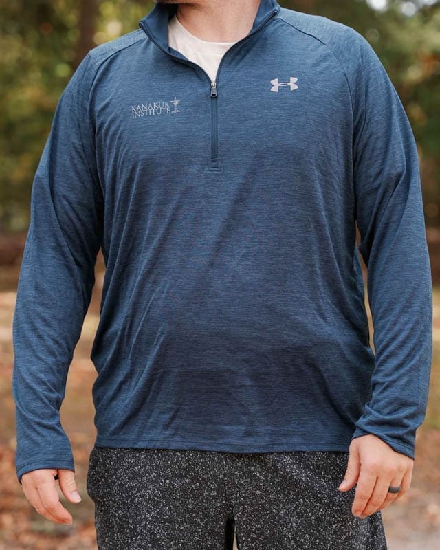 Navy Pullover. Model is a 6' male wearing an XL.